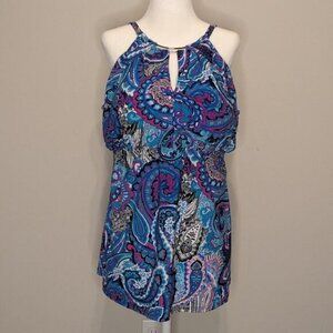 Trimshaper Blue Paisley Keyhole Adjustable Strap Tankini Swim Top Size 20W